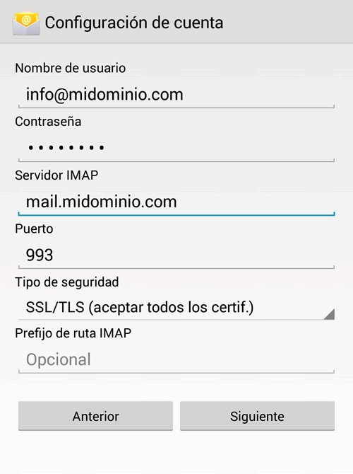 Configuracion de e-mail en Android: Paso 3