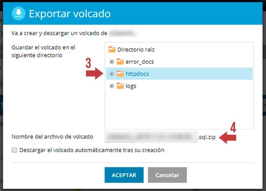 Crear volcado de la base de datos en plesk