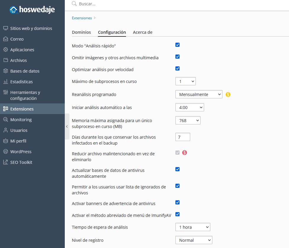 Configuración de las extensiones