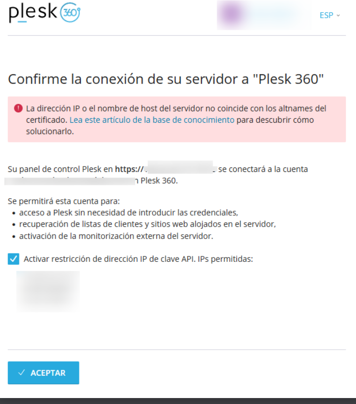 conexion del servidor Plesk 360