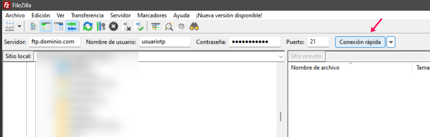 Filezilla Conexión Rápida