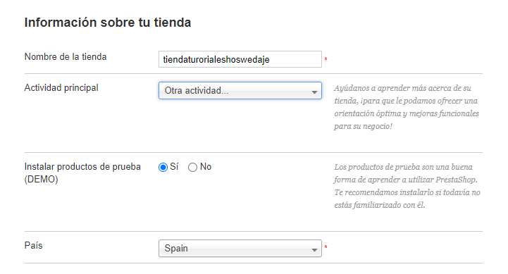 información de tu tienda en prestashop