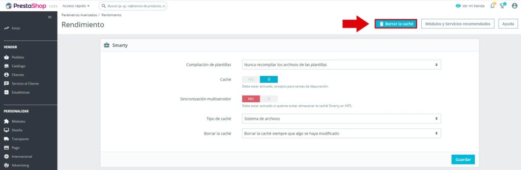 Borrar caché Prestashop 1.7