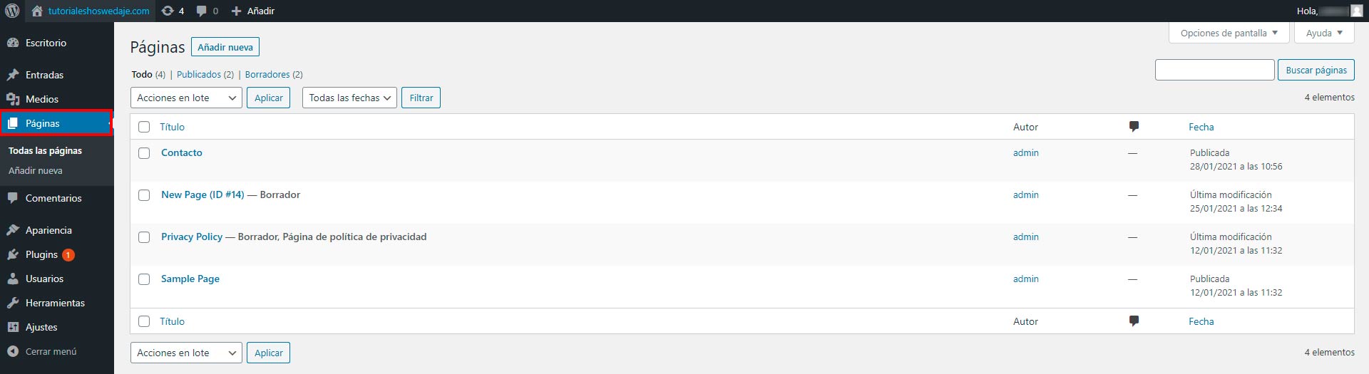 páginas en wordpress