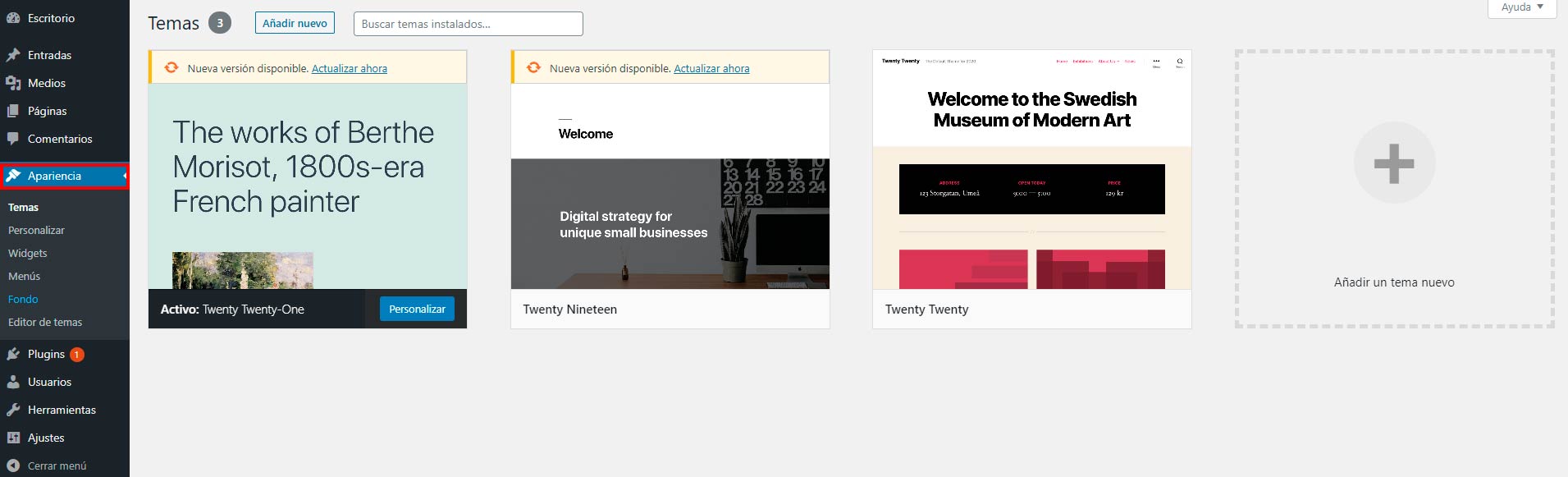 apariencia en wordpress