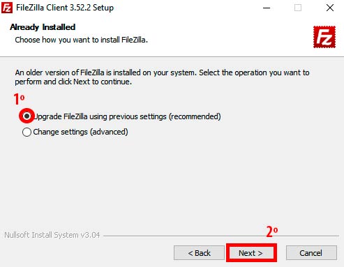 paso 2 de instalación de filezilla