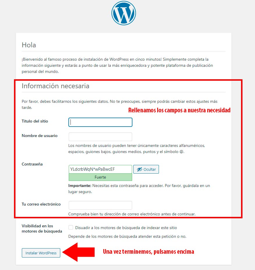 información necesaria de wordpress