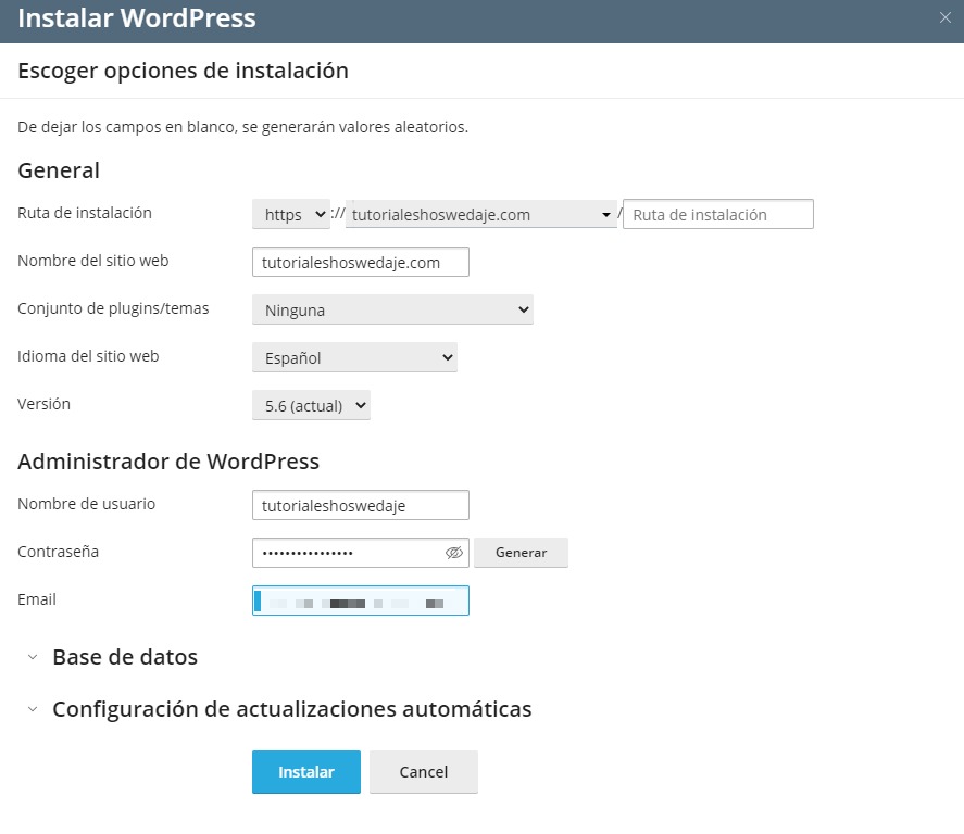 opciones de instalación de wordpress